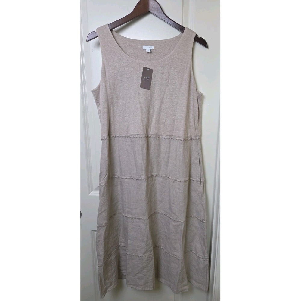 NWT J. Jill 100% Linen Scoop Neck Midi Dress Tiered Embroidered Flax Lagenlook M